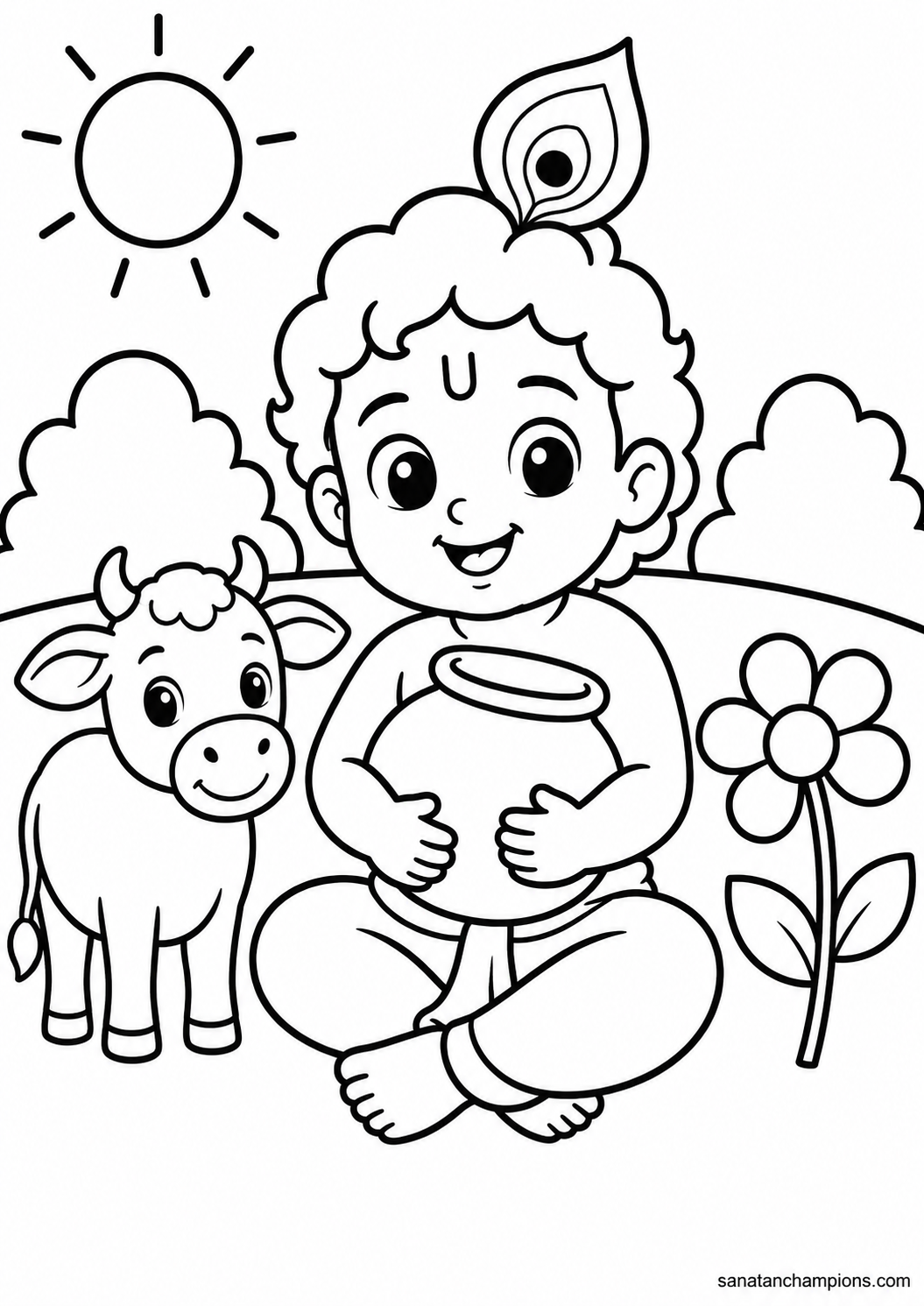 Baby Krishna and His Butter Pot — an illustrated colouring page, ages 4–6. Opens its page.