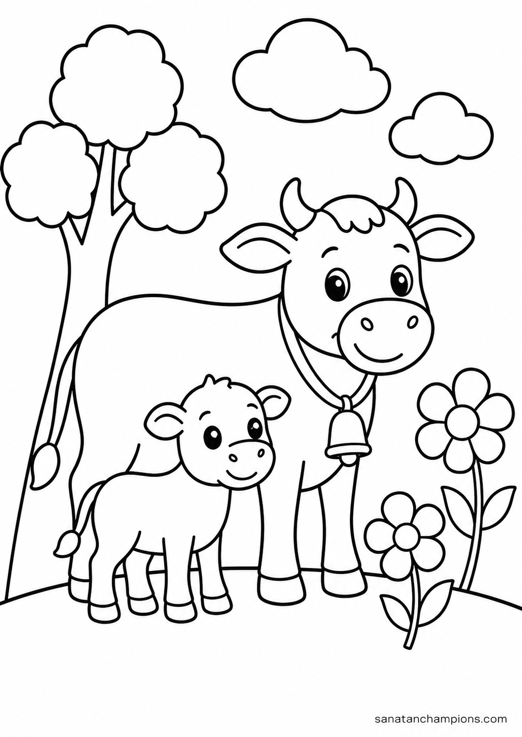 A Cow and Her Calf — an illustrated colouring page, ages 4–6. Opens its page.