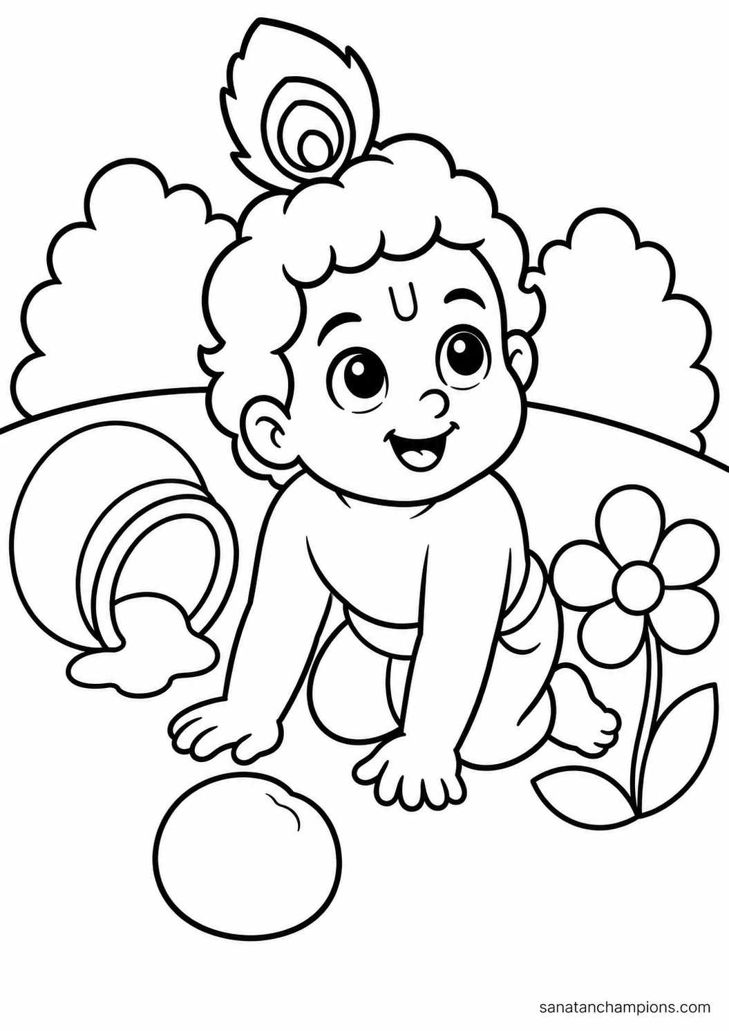 Krishna Crawling After the Butter — an illustrated colouring page, ages 4–6. Opens its page.