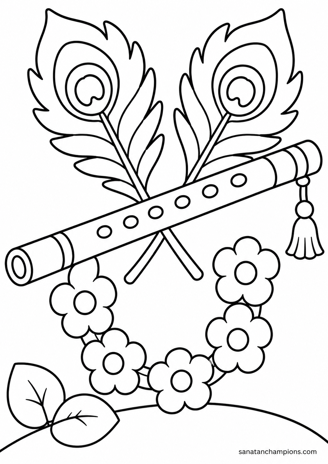 The Flute and the Feather — an illustrated colouring page, ages 4–6. Opens its page.
