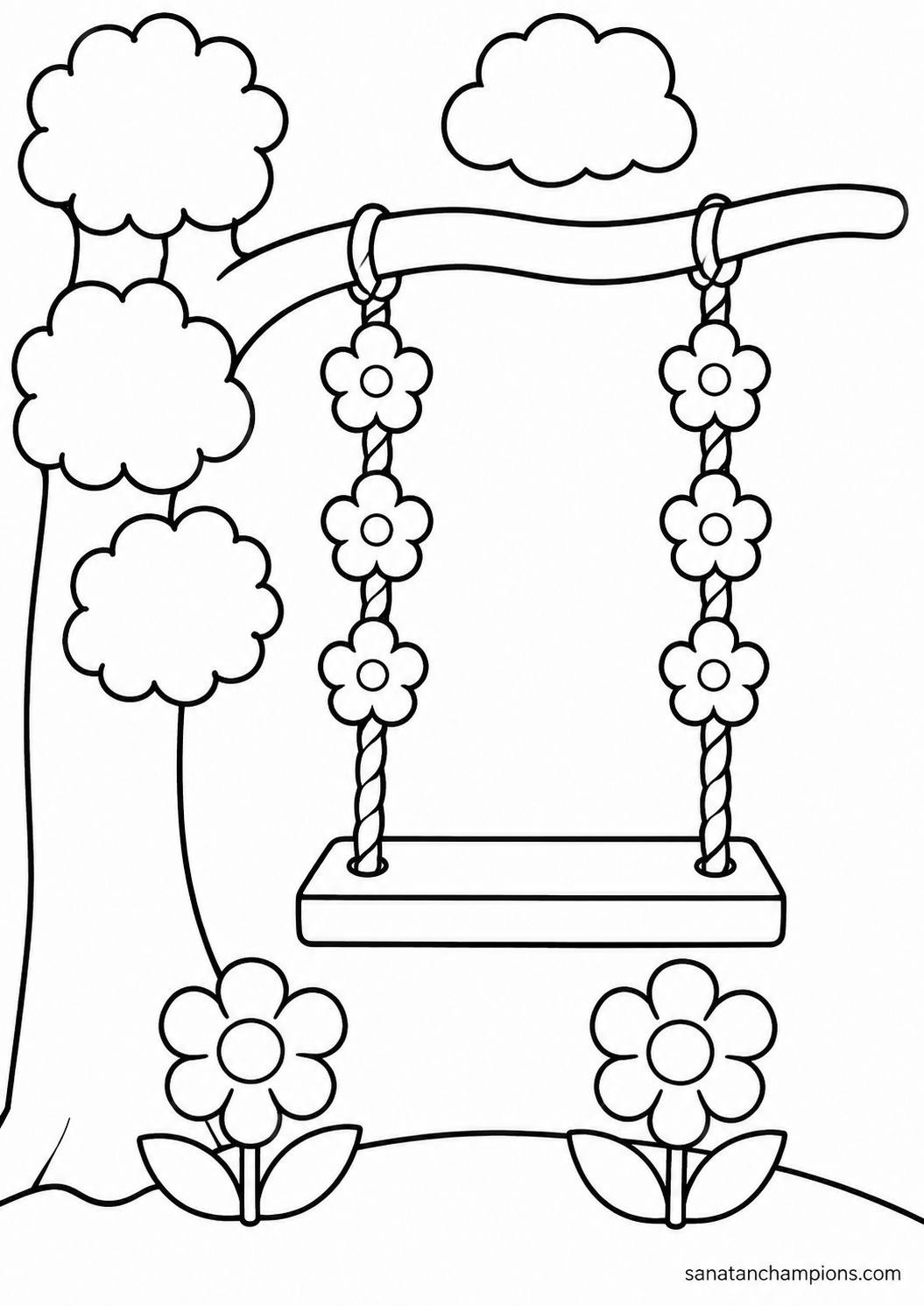 The Flower Swing — an illustrated colouring page, ages 4–6. Opens its page.
