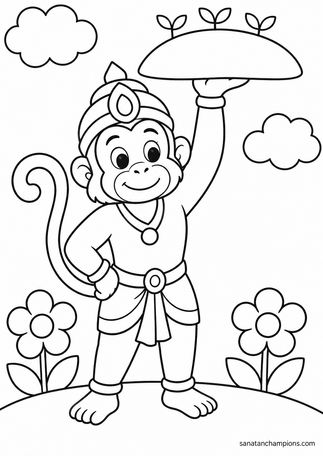 Hanuman and the Mountain — an illustrated colouring page, ages 4–6. Opens its page.