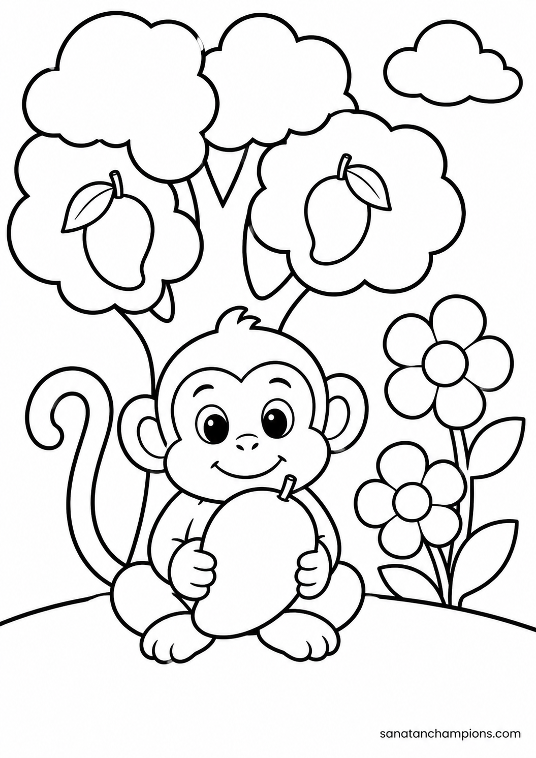 A Monkey and a Mango — an illustrated colouring page, ages 4–6. Opens its page.