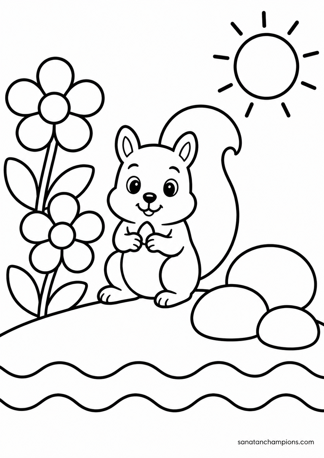 The Squirrel by the Sea — an illustrated colouring page, ages 4–6. Opens its page.
