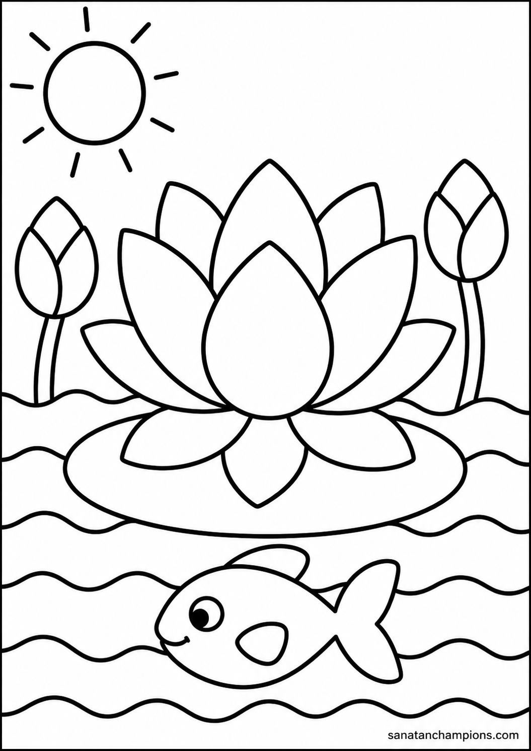 A Lotus on the River — an illustrated colouring page, ages 4–6. Opens its page.