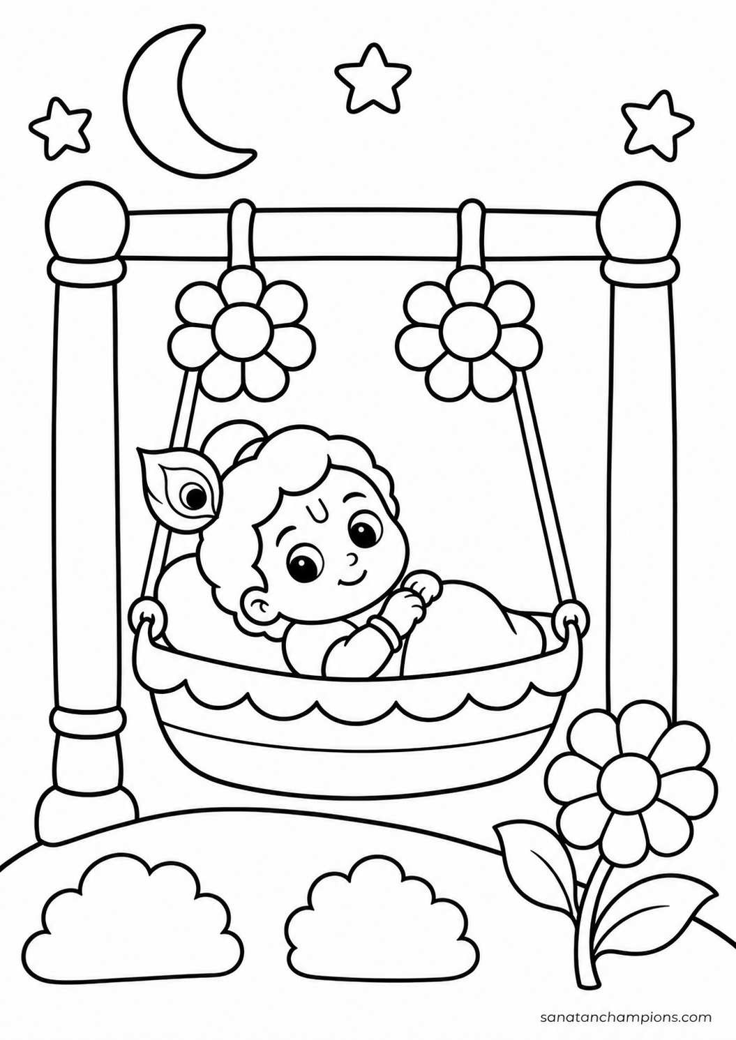 Baby Krishna in His Cradle — an illustrated colouring page, ages 4–6. Opens its page.