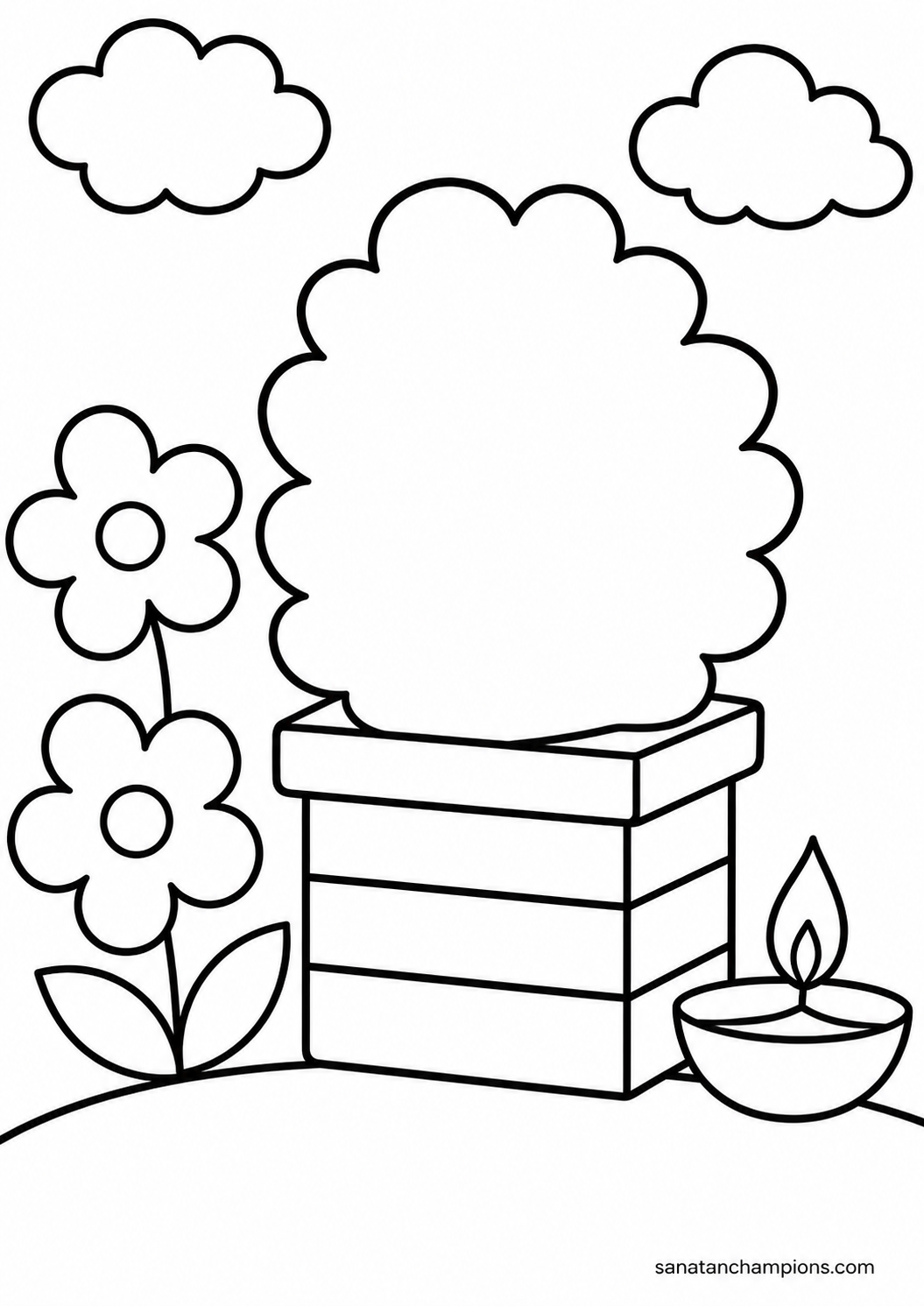 The Tulsi Plant — an illustrated colouring page, ages 4–6. Opens its page.