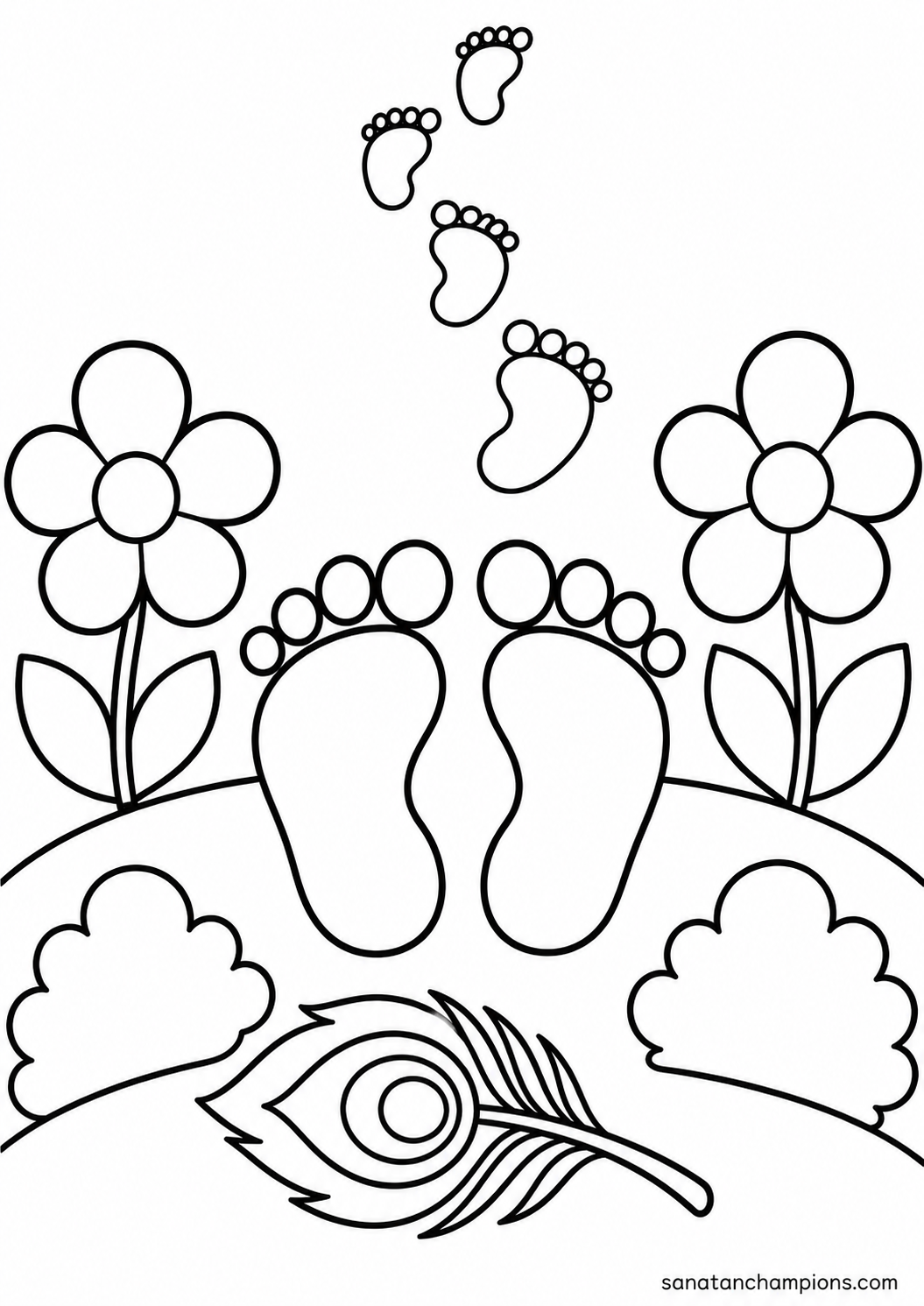 Little Footprints — an illustrated colouring page, ages 4–6. Opens its page.