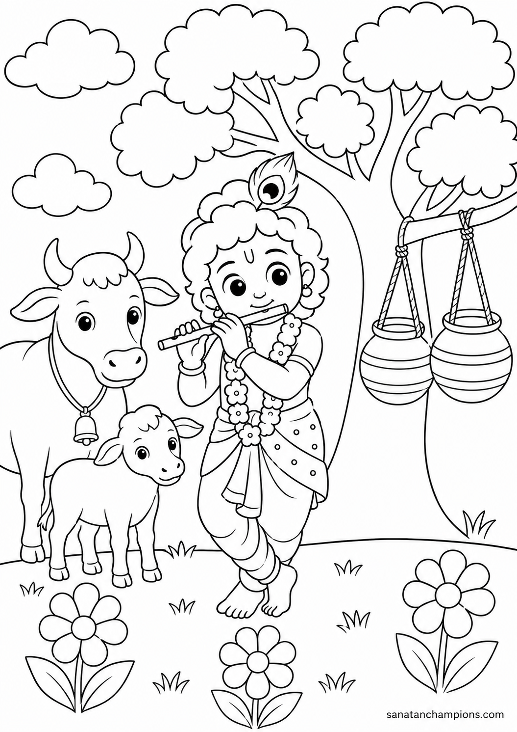 Krishna and His Cows — an illustrated colouring page, ages 7–9. Opens its page.
