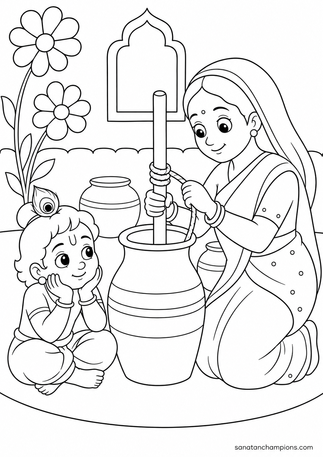 Yashoda Churning Butter — an illustrated colouring page, ages 7–9. Opens its page.