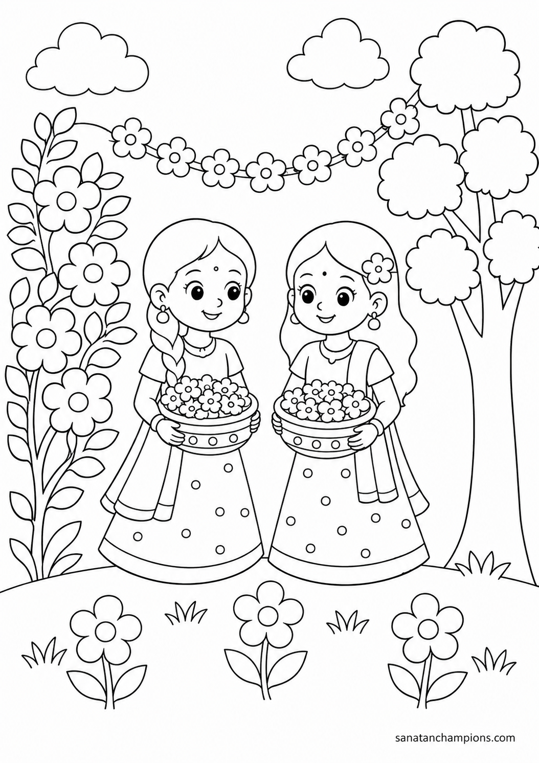 The Flower Girls — an illustrated colouring page, ages 7–9. Opens its page.