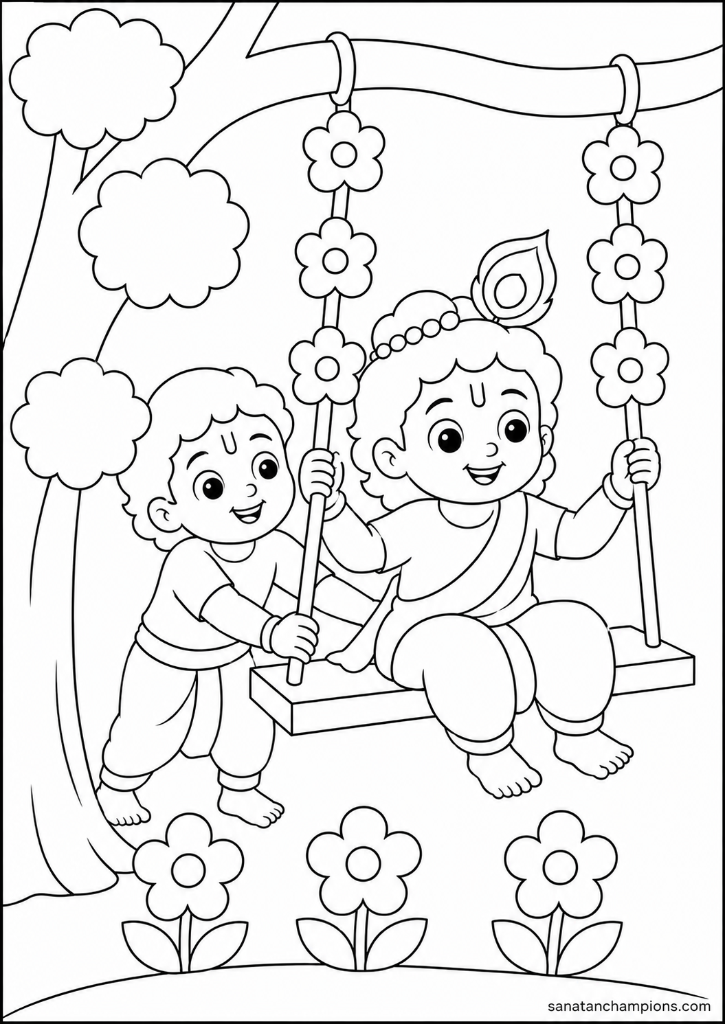 The Swing — an illustrated colouring page, ages 7–9. Opens its page.
