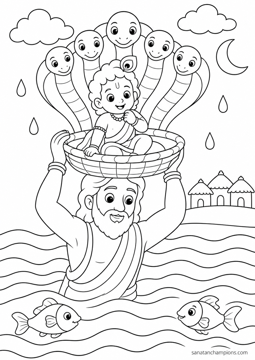Across the River — an illustrated colouring page, ages 7–9. Opens its page.