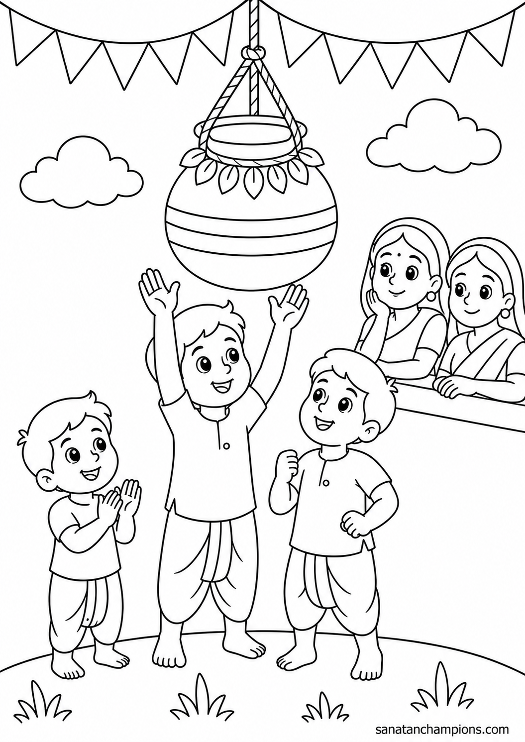 The Hanging Pot — an illustrated colouring page, ages 7–9. Opens its page.