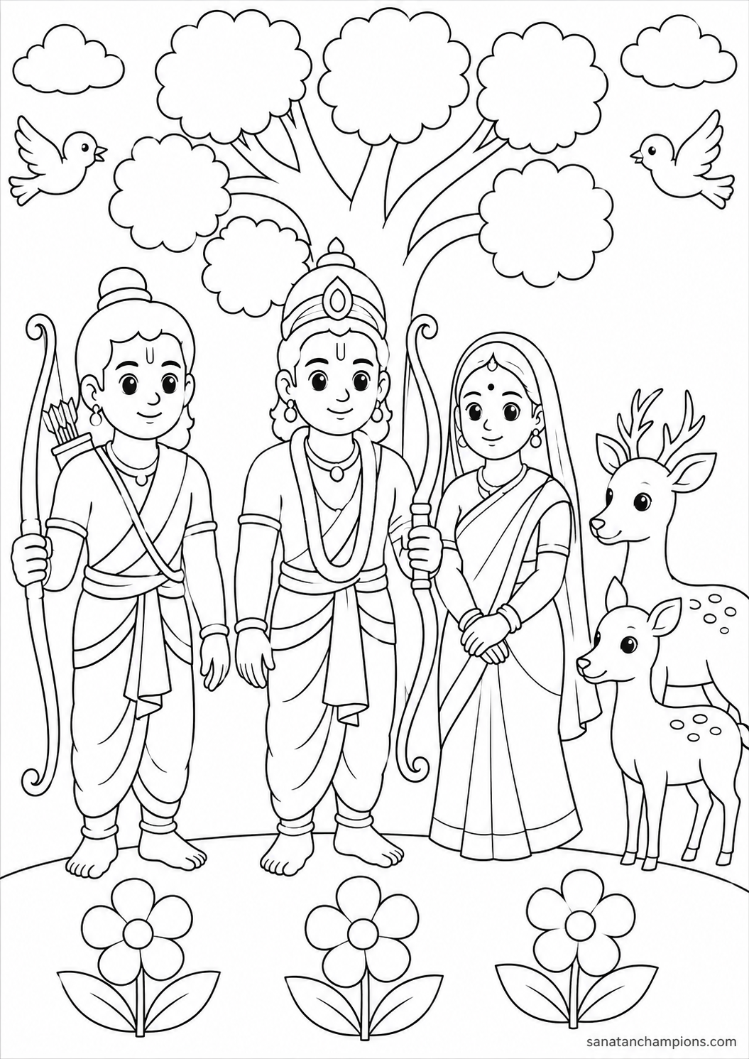 In the Forest — an illustrated colouring page, ages 7–9. Opens its page.