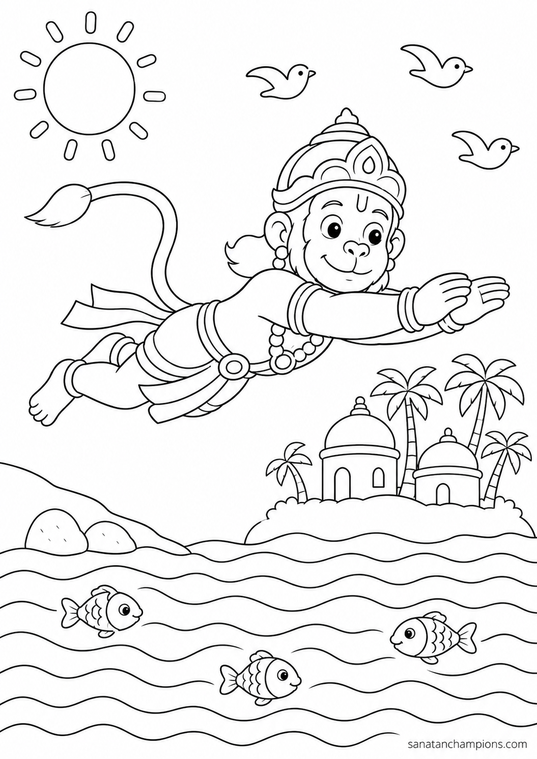 Hanuman Crosses the Sea — an illustrated colouring page, ages 7–9. Opens its page.