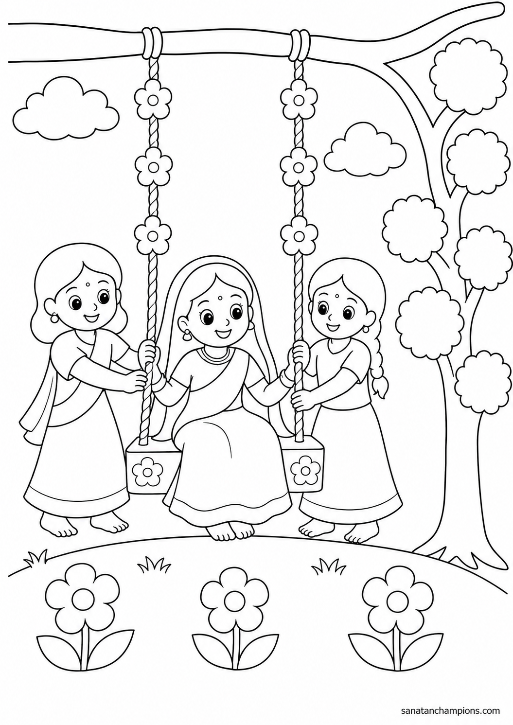 The Swing at Barsana — an illustrated colouring page, ages 7–9. Opens its page.