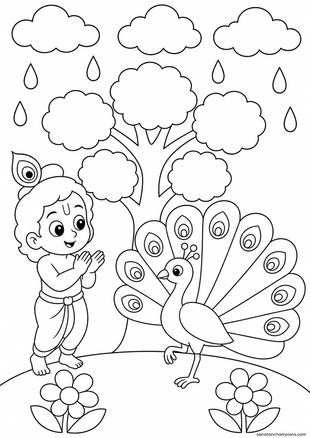 The Peacock Dances — an illustrated colouring page, ages 7–9. Opens its page.
