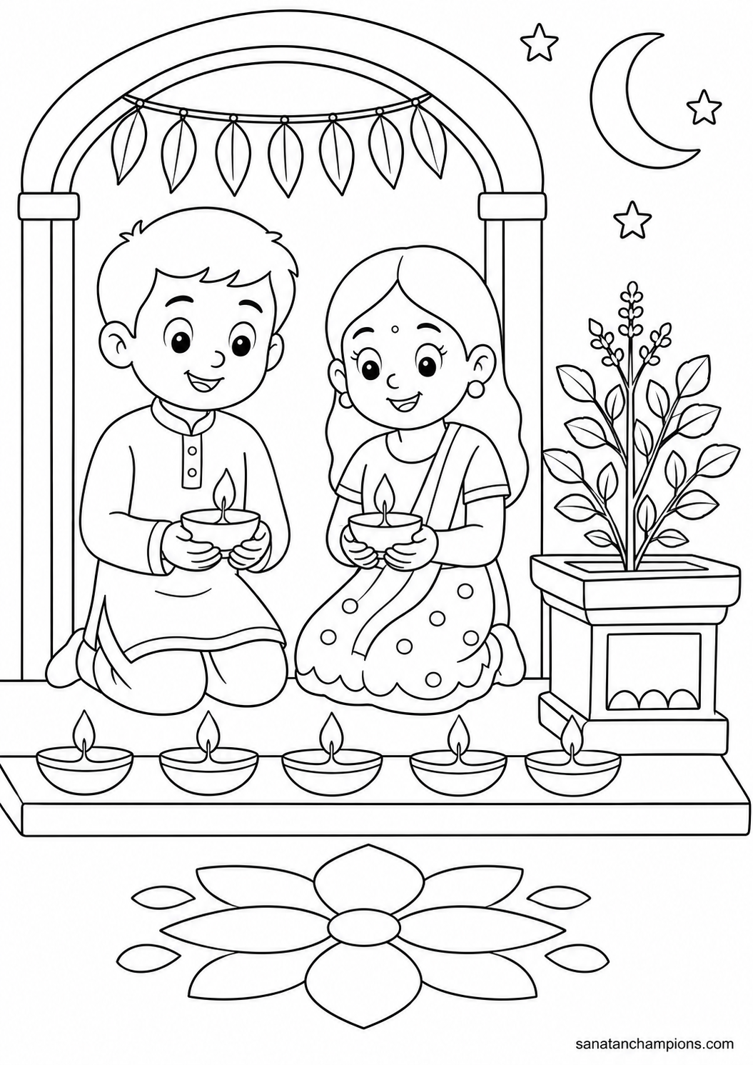 Lighting the Lamps — an illustrated colouring page, ages 7–9. Opens its page.