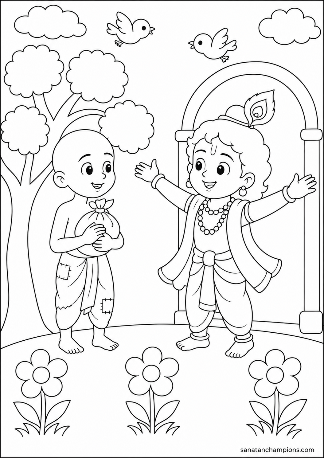 Two Friends — an illustrated colouring page, ages 7–9. Opens its page.