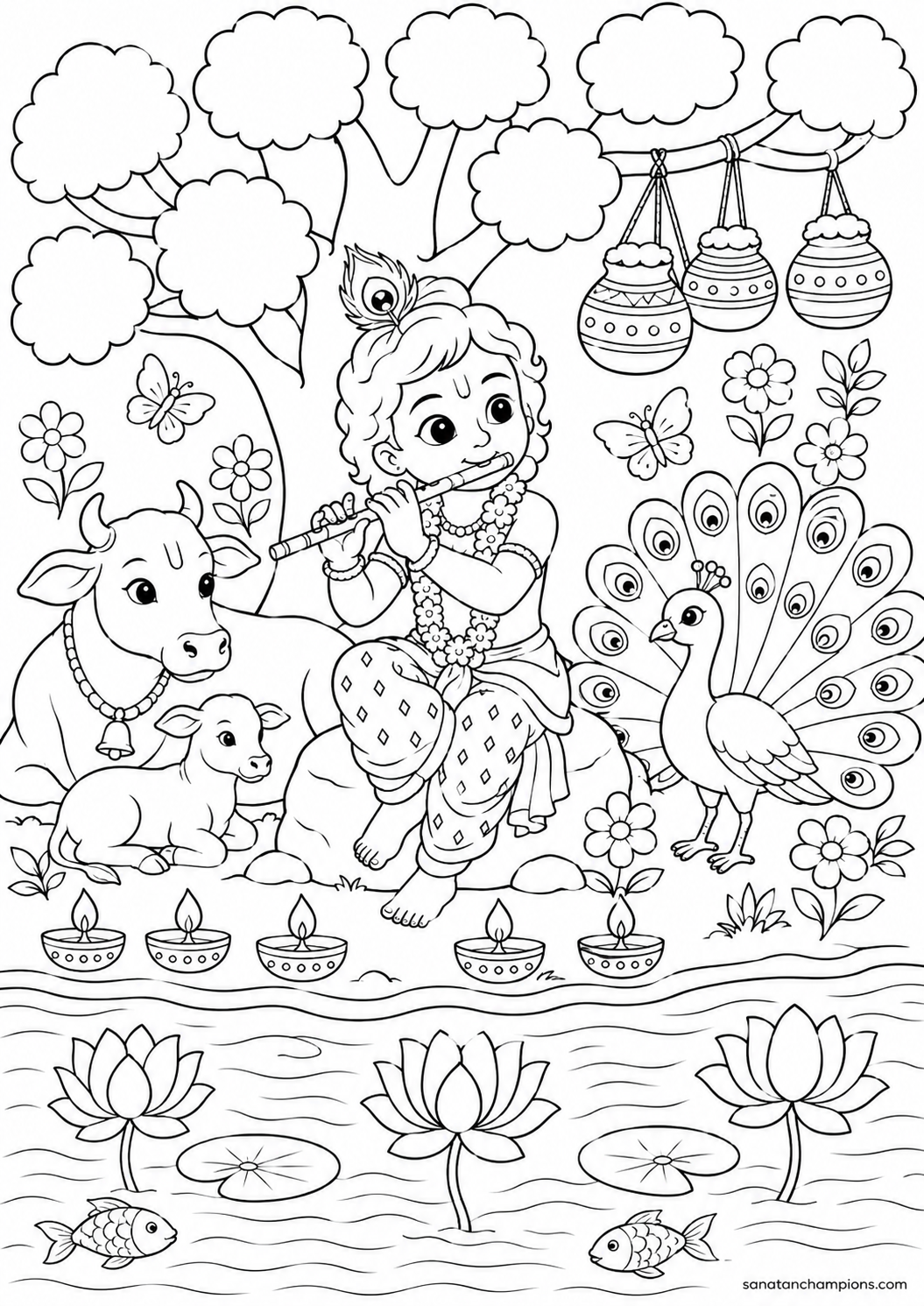 The River at Vrindavan — an illustrated colouring page, ages 10–14. Opens its page.