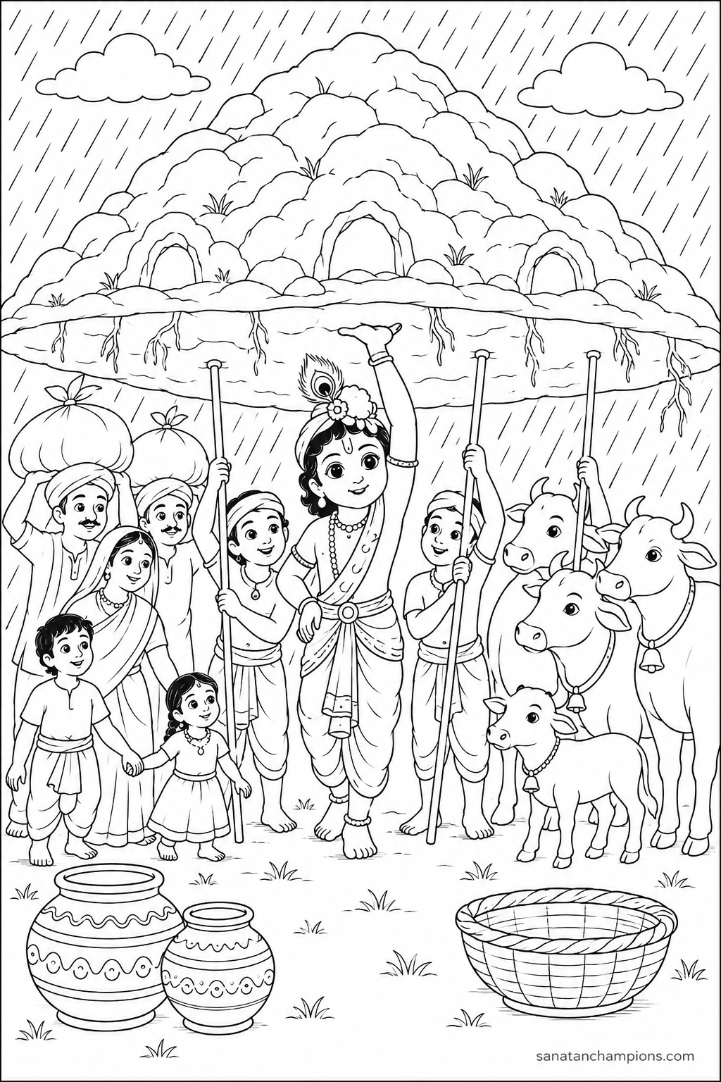 Krishna Lifts the Hill — an illustrated colouring page, ages 10–14. Opens its page.