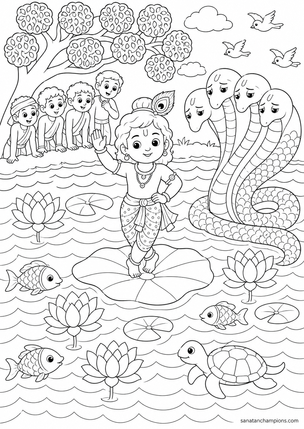 On the River's Surface — an illustrated colouring page, ages 10–14. Opens its page.