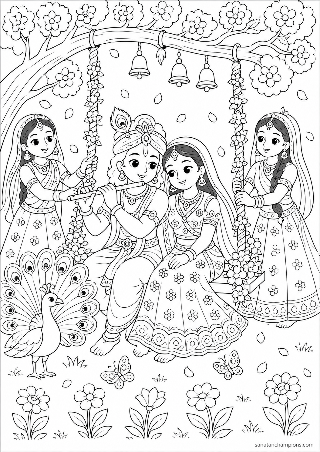 Radha and Krishna at the Swing — an illustrated colouring page, ages 10–14. Opens its page.