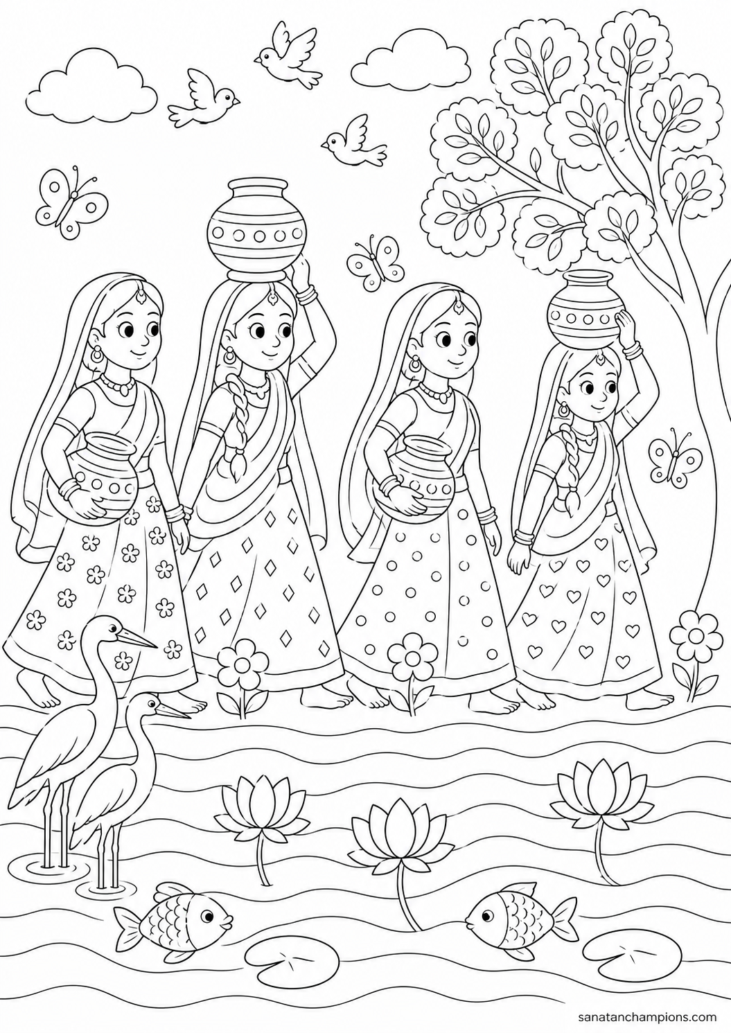 The Gopis at the River — an illustrated colouring page, ages 10–14. Opens its page.