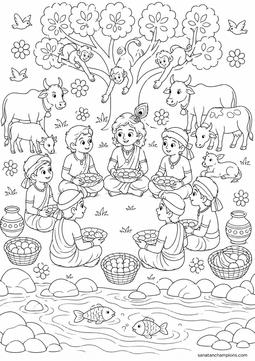 Lunch in the Forest — an illustrated colouring page, ages 10–14. Opens its page.