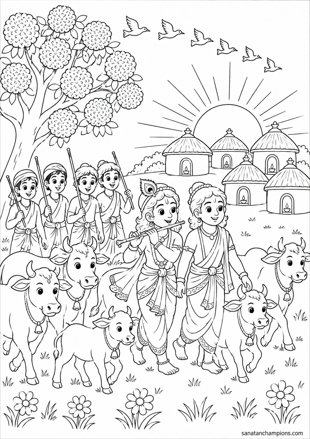 Home at Dusk — an illustrated colouring page, ages 10–14. Opens its page.