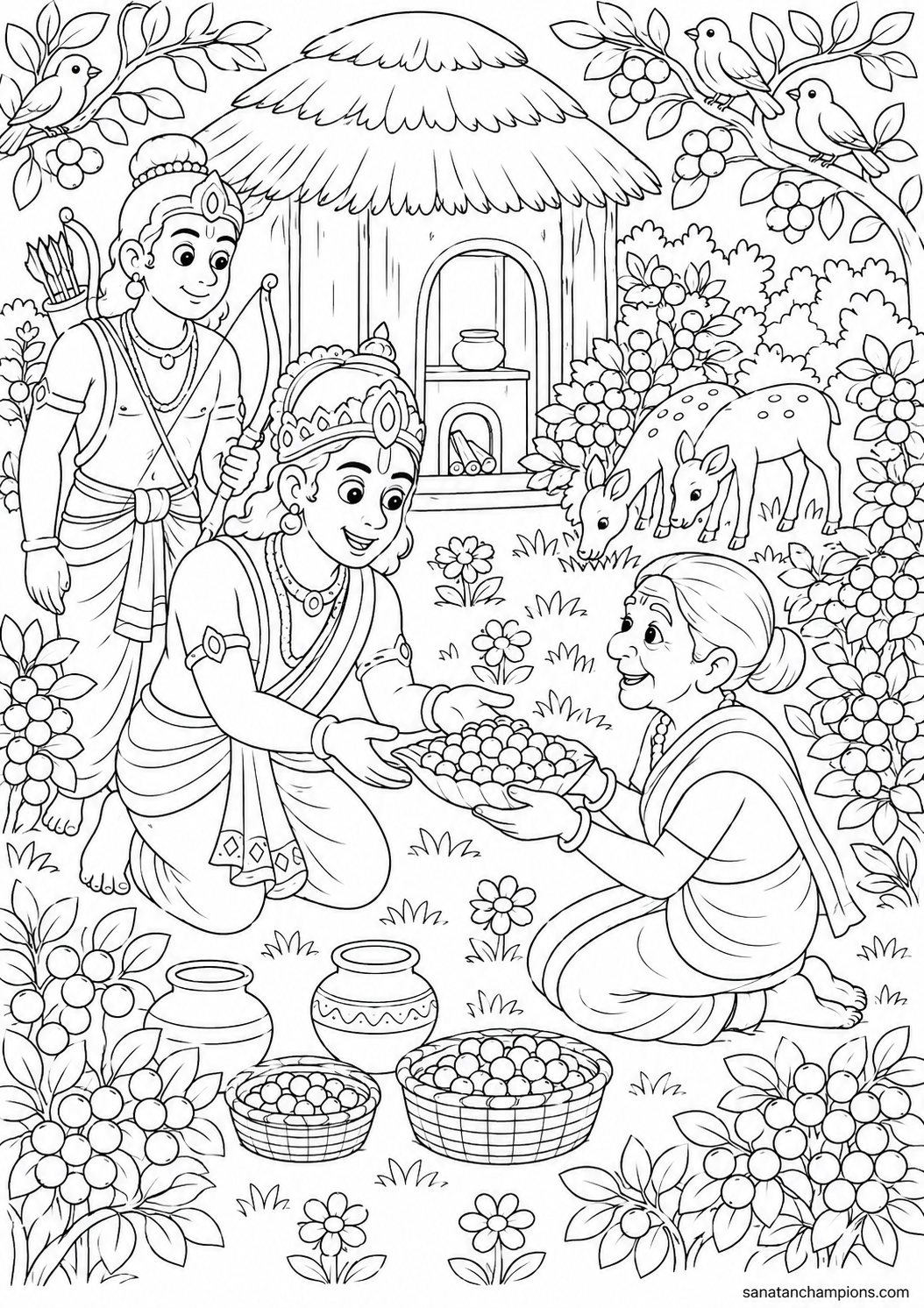 Shabari's Berries — an illustrated colouring page, ages 10–14. Opens its page.