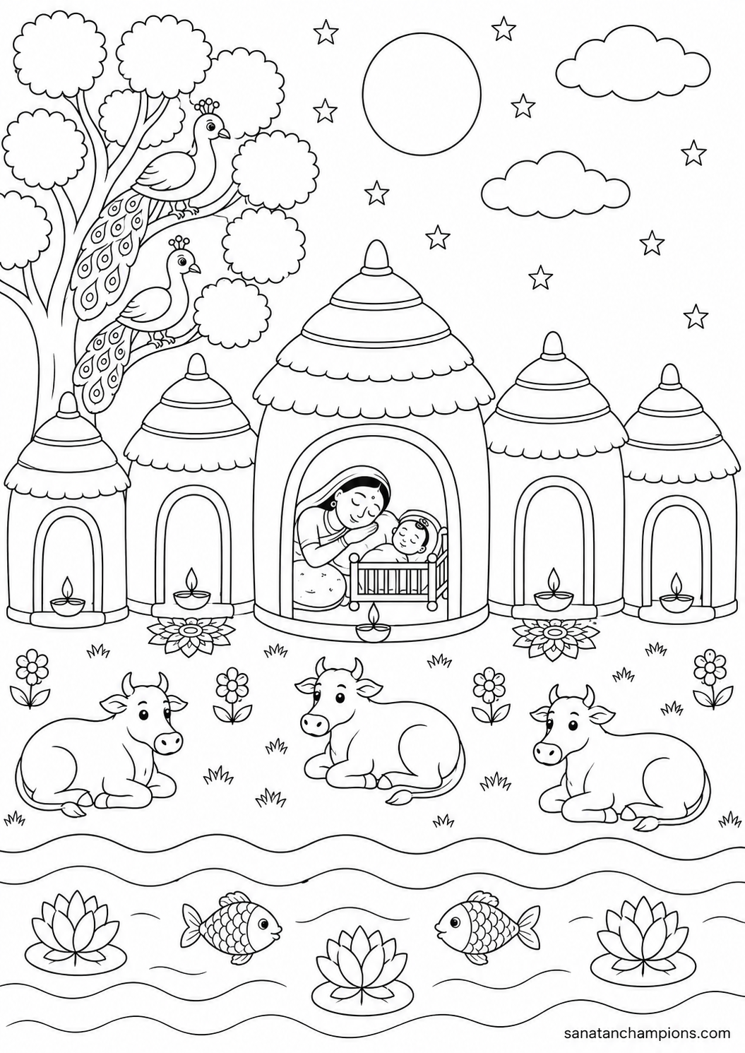 The Night He Was Born — an illustrated colouring page, ages 10–14. Opens its page.