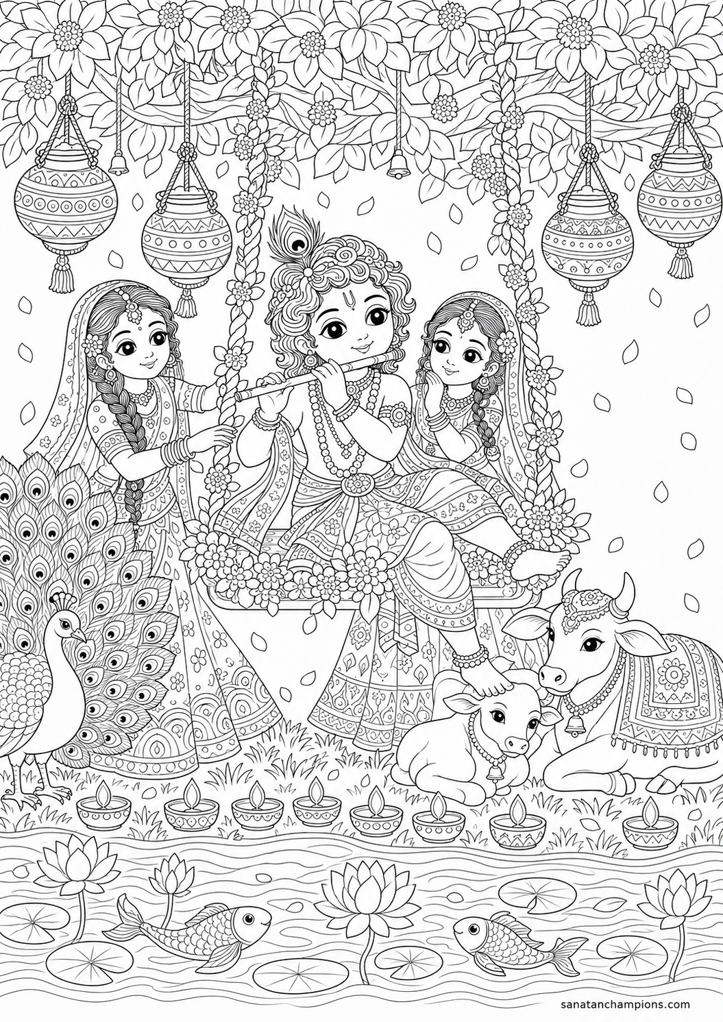 The Swing at Janmashtami — an illustrated colouring page, ages 10–14. Opens its page.