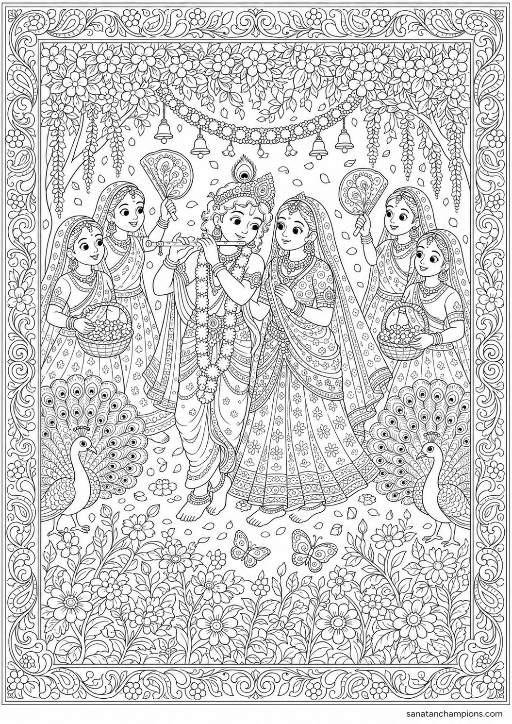 Radha and Krishna in the Grove — a printable colouring page from Krishna's Braj, ages 10–14.