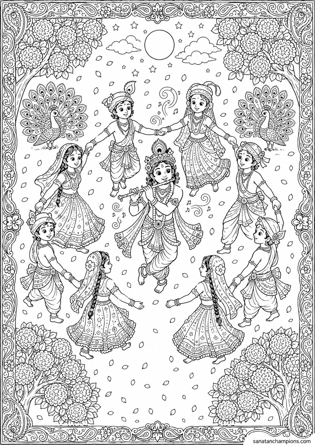 The Circle of the Dance — an illustrated colouring page, ages 10–14. Opens its page.