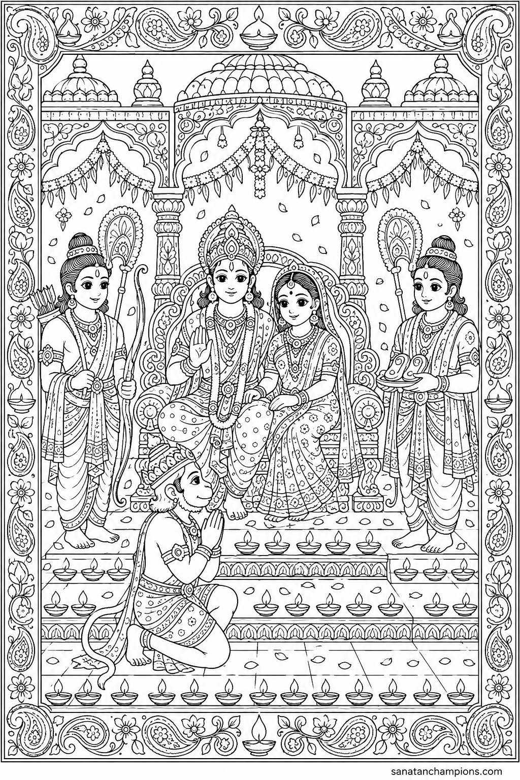 The Return to Ayodhya — an illustrated colouring page, ages 10–14. Opens its page.
