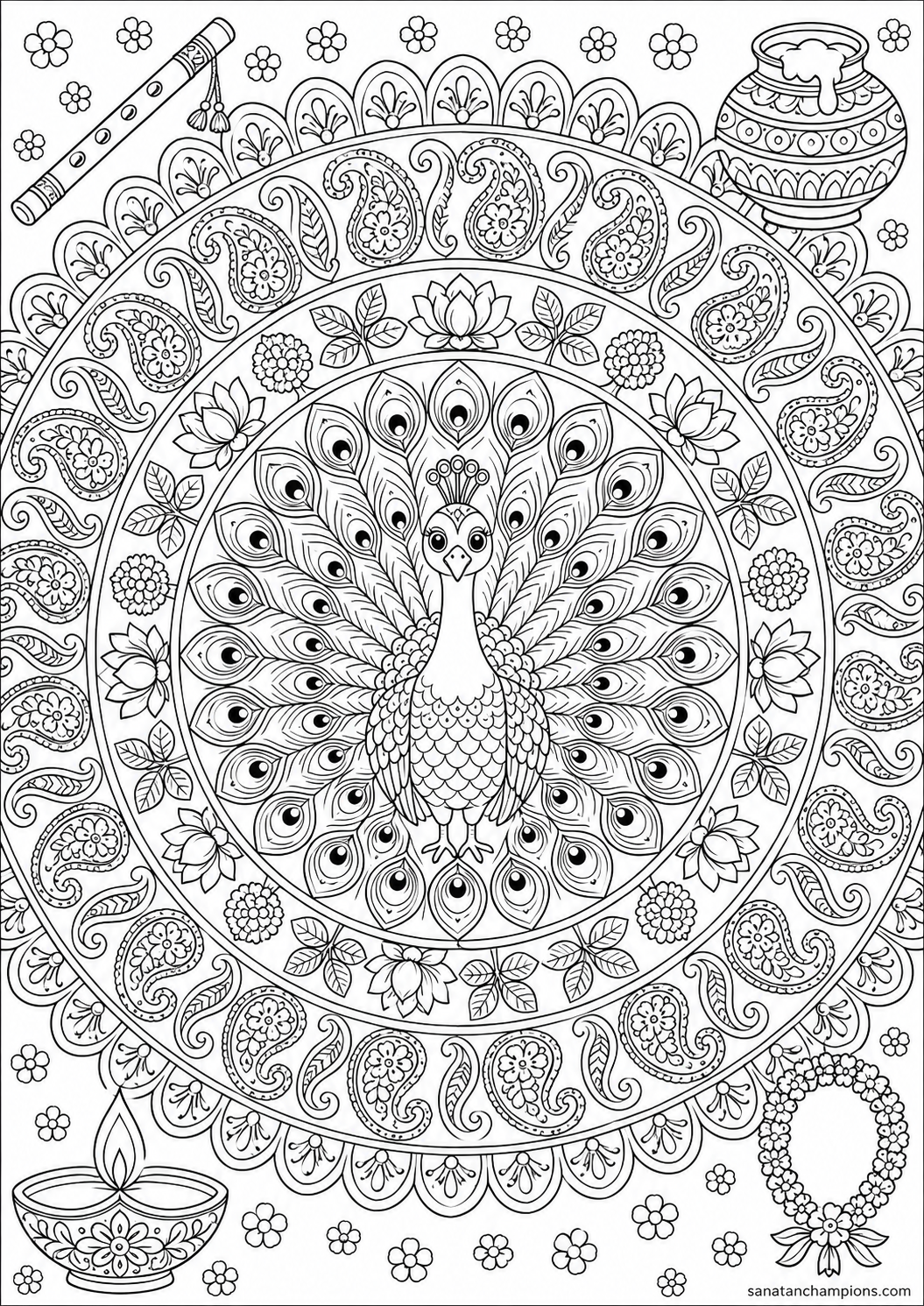 The Peacock Mandala — an illustrated colouring page, ages 10–14. Opens its page.