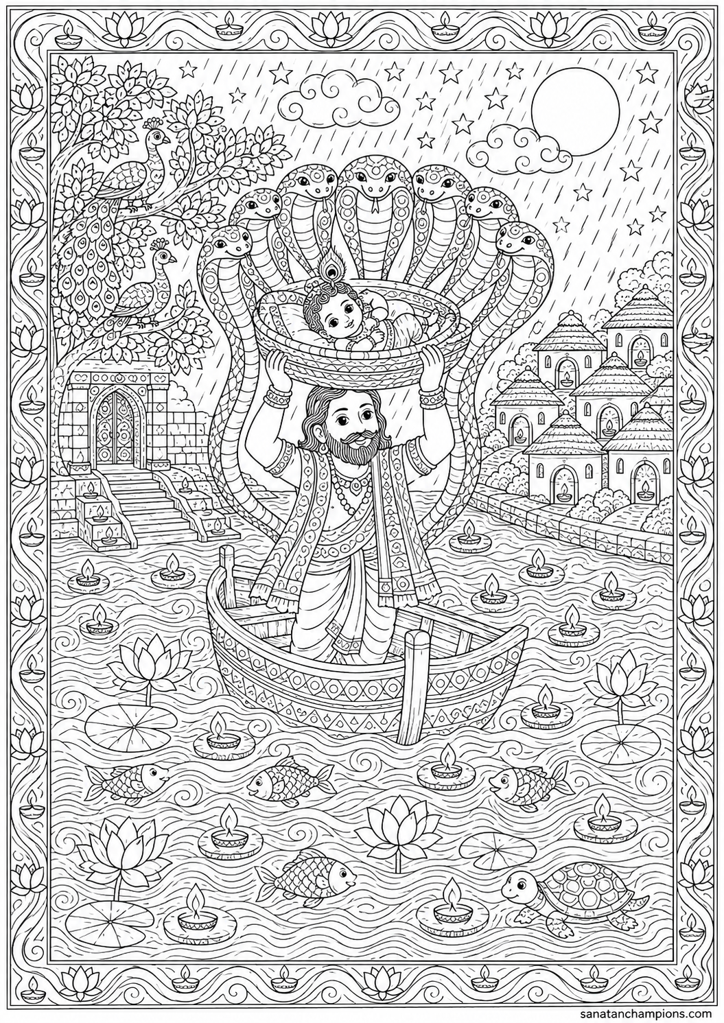The Yamuna at Night — an illustrated colouring page, ages 10–14. Opens its page.