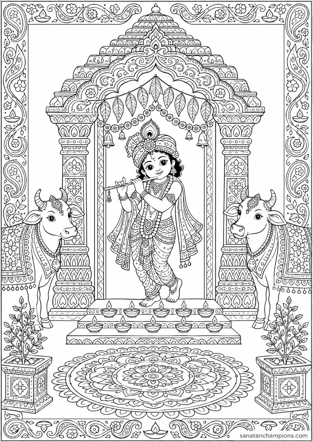 The Temple Door — an illustrated colouring page, ages 10–14. Opens its page.