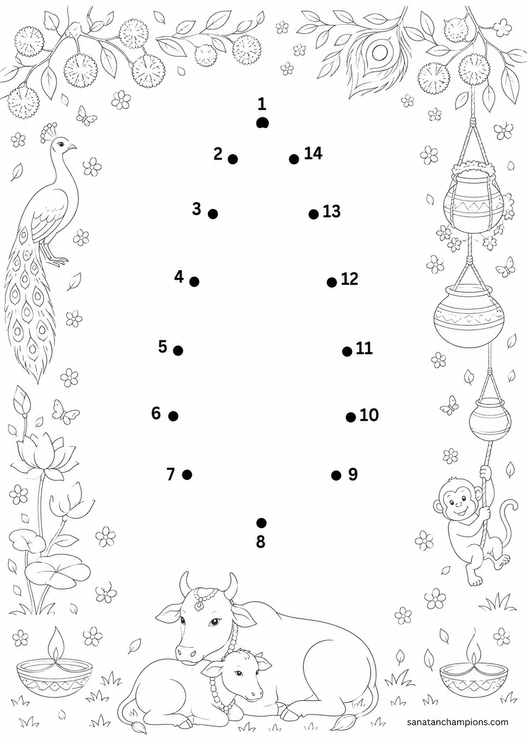 For the child who wants to help with the puja — an illustrated dot-to-dot, ages 4–6. Opens its page.