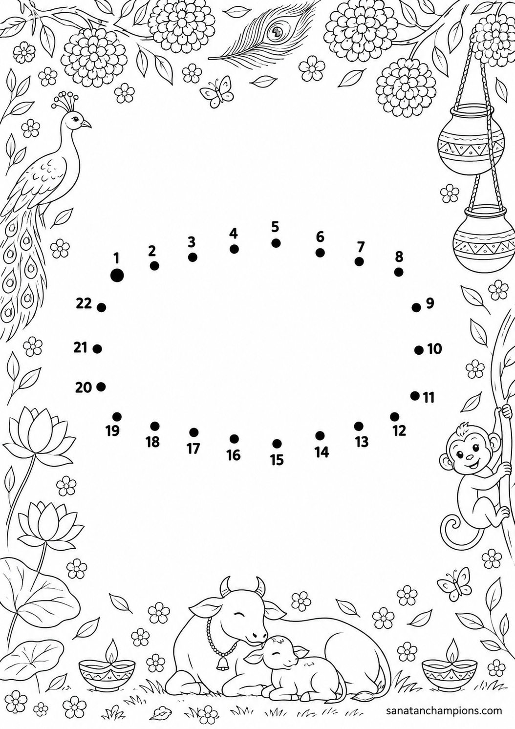 For the child who cannot sit through the kirtan — an illustrated dot-to-dot, ages 7–9. Opens its page.